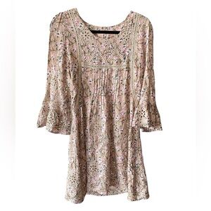 Sundance Floral Eyelet 3/4 Sleeve Ruffle Tunic Blouse Pink Medium